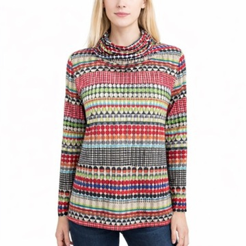 Trisha Tyler Multi Color Dot print Top Ruched Mock Neck A-Line Artsy Size L